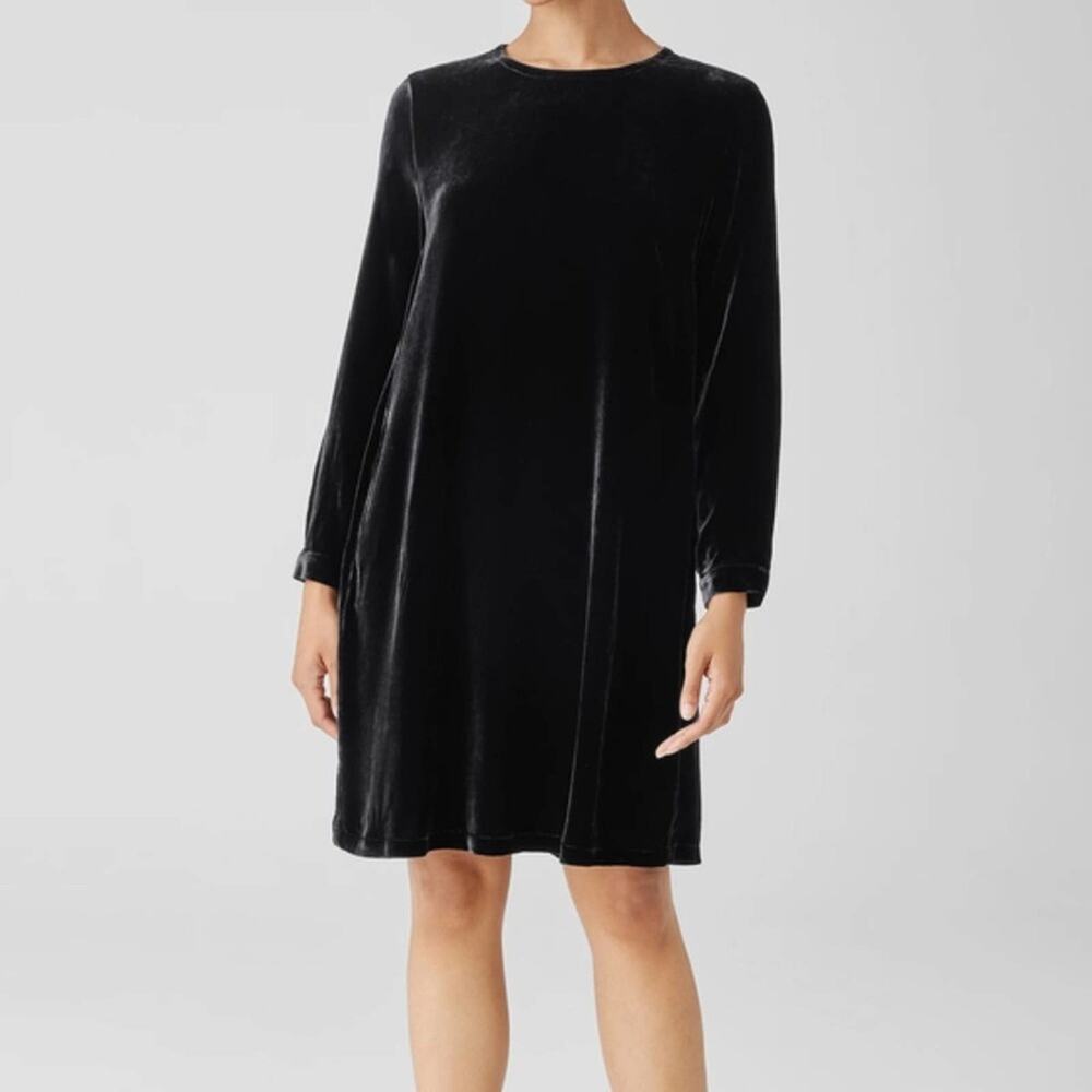 NWT Eileen Fisher black Velvet silk blend Crew Neck Dress, S